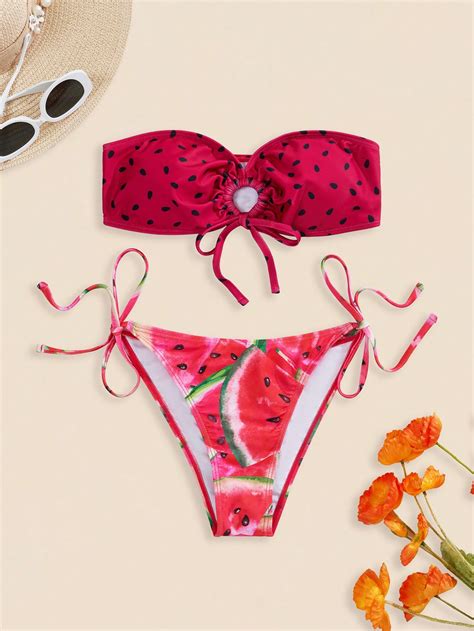 SHEIN Swim Mod Conjunto De Bikini Sin Tirantes Con Estampado De Sandia