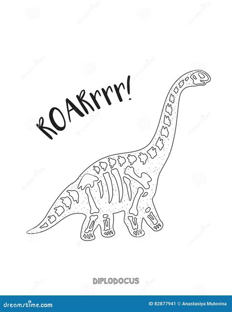 Black and White Line Art with Dinosaur Skeleton Stock Vector ...