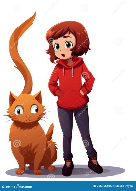 Cartoon Girl with Short Hair with Cat on White Background Generative AI