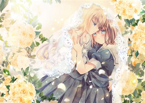 2girls Blonde Hair Blue Eyes Blush Brown Hair Flowers Hug Kazuki Ryou