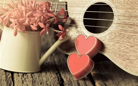 Download wallpapers guitar, red hearts, love, two hearts for desktop ...