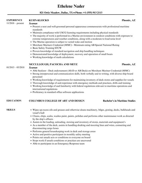 Seaman Resume Samples Velvet Jobs