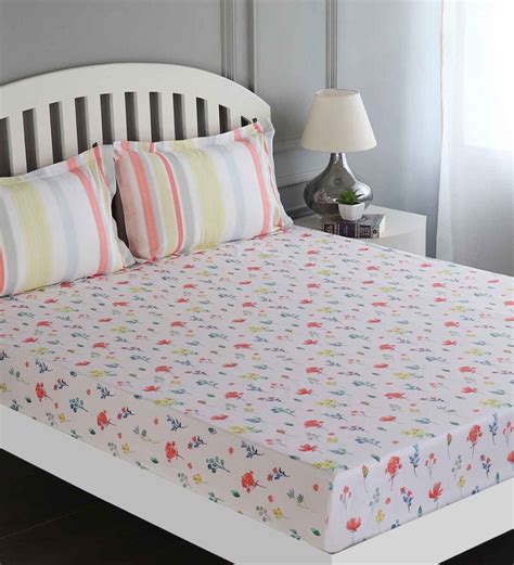 Buy Red Floral Tc Cotton Queen Sized Bed Sheets With Pillow