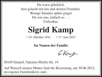 Traueranzeigen Von Sigrid Kamp WirTrauern