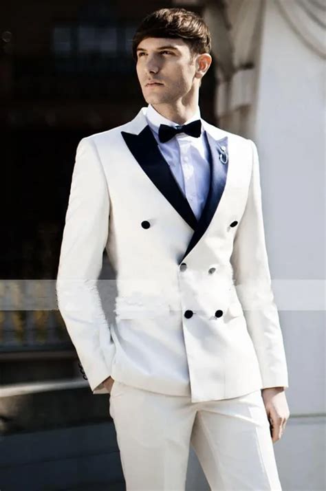 Latest Coat Pant Designs White Double Breasted Men Suit Slim Fit Tuxedo