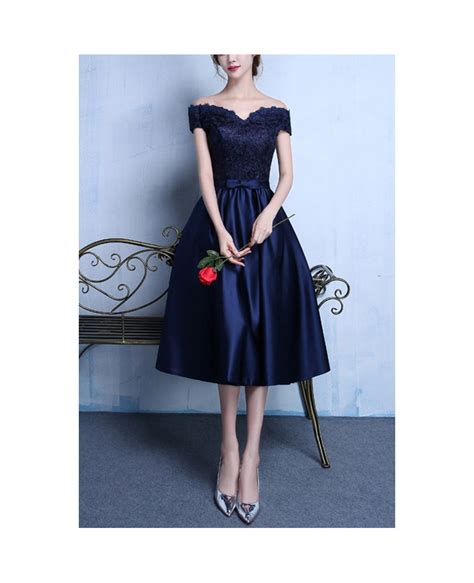 Lace Satin Navy Blue Hoco Dress Tea Length With Off Shoulder J1529