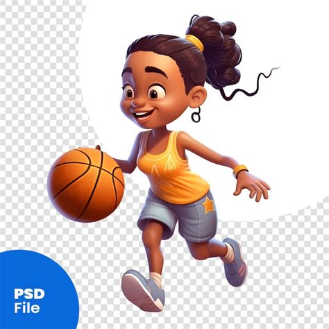 3d Rendering Eines Kleinen Afroamerikanischen Mädchens Das Mit Einer Basketball Psd Vorlage