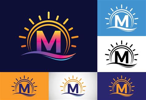 Initial M Monogram Alphabet With Abstract Sun And Wave Ocean Sun Logo