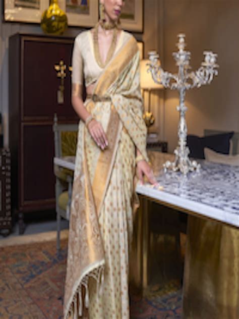 Buy Mitera Cream Coloured And Gold Toned Ethnic Motifs Zari Silk Blend