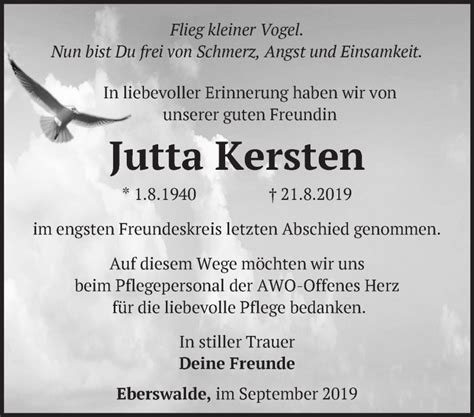 Traueranzeigen von Jutta Kersten Märkische Onlinezeitung Trauerportal