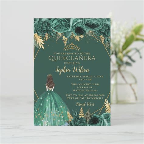 Invitaci N Princesa Floral De Oro Verde Esmeralda Quincea Era Zazzle