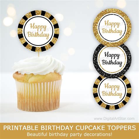 Black And Gold Happy Birthday Cupcake Toppers Printable Happy Birthday