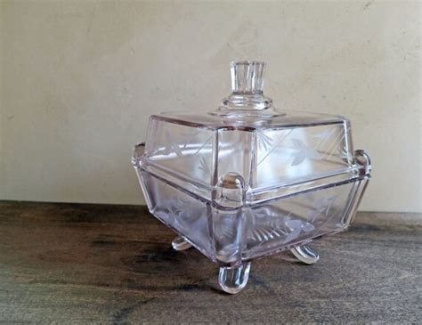 Items Similar To Honey Dish Square Pressed Glass Honeydish Amethyst Glass Etched Covered Dish