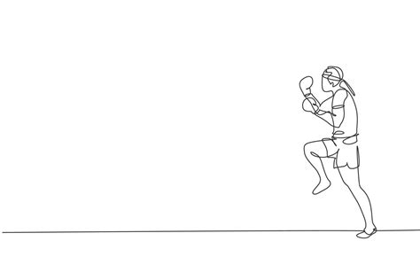 um desenho de linha contínua do jovem boxeador muay thai esportivo se