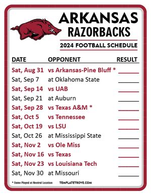 Printable 2024 Arkansas Razorbacks Football Schedule