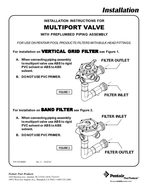 Pentair MULTIPORT VALVE Installation Instructions