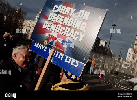 An Anti Brexit Activist Demonstrates Outside The Houses Of Parliament