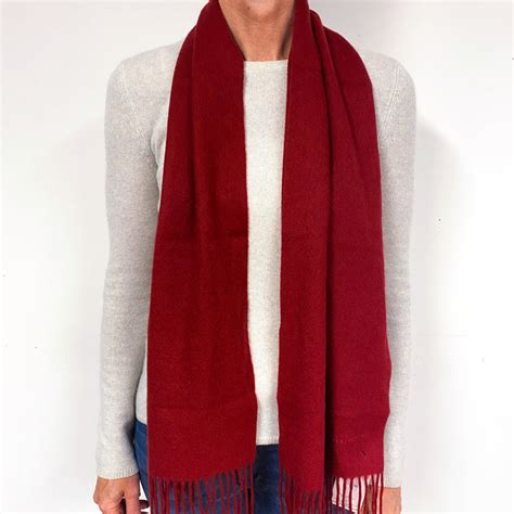 Crimson Red Fringed Cashmere Woven Scarf Nearly New Cashmere Co