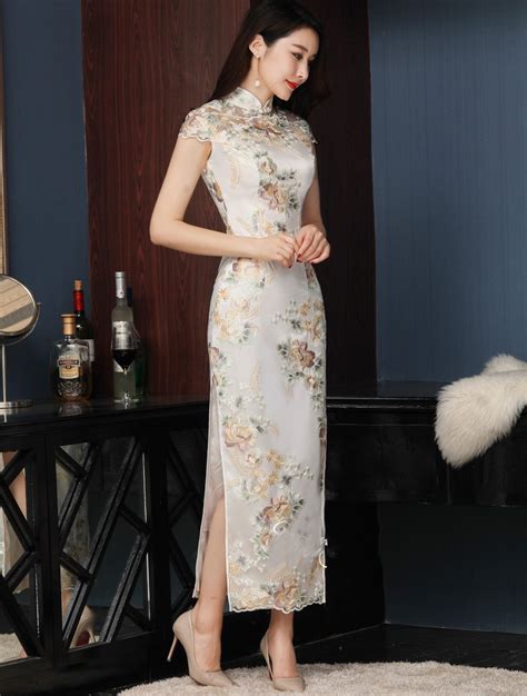 Embroidered Floral Long Qipao Cheongsam Prom Dress Cozyladywear