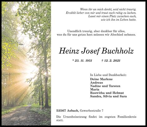 Traueranzeigen Von Heinz Josef Buchholz Rz Trauer De