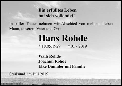 Traueranzeigen Von Hans Rohde Trauer Anzeigen De