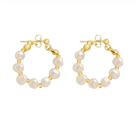 Teall Gold White Pearl Hoop Earrings Hypoallergenic