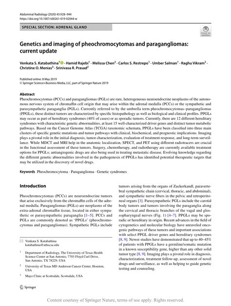 Genetics And Imaging Of Pheochromocytomas And Paragangliomas Current