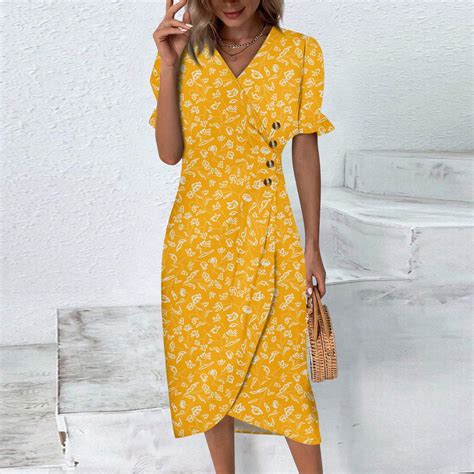 Dengdeng Trendy Dresses For Women Summer Wrap V Neck Flowy Ruched