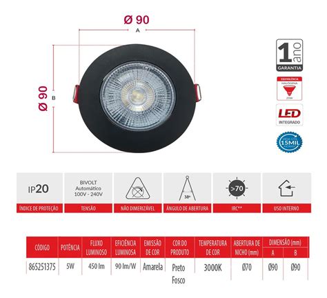 Kit 20 Spot Led Supimpa Redondo 5W Embutir Casa Comercio Luz Amarela