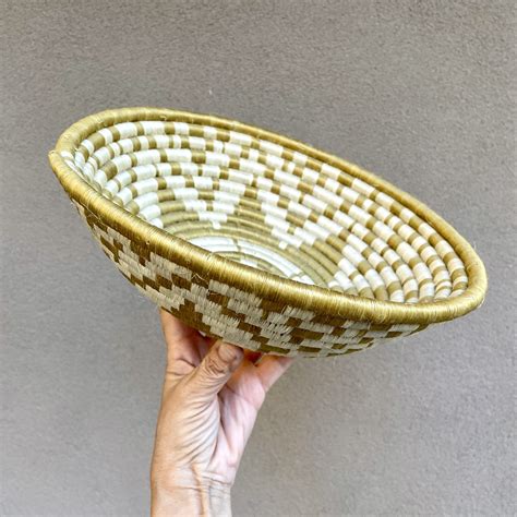 Vintage Coiled Basket Bowl Wall Hanging In Yellow Green Color Rwanda