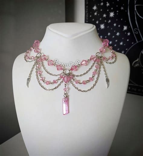 Pink Beaded Necklace Fairycore Aesthetic Jewelry Layered Crystal