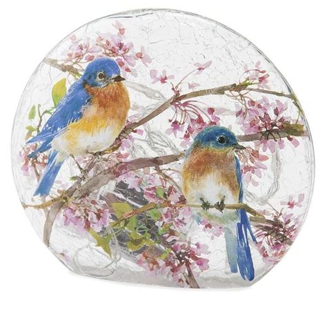 Wind And Weather Lighted Bluebirds On Redbud Branches Crackled Glass Tabletop Art Crackle Glass