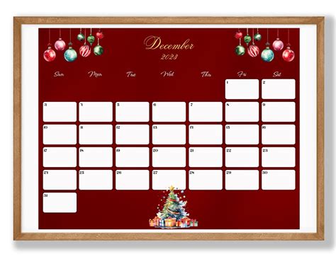 Editable December 2023 Calendar Colorful Christmas With Ornaments