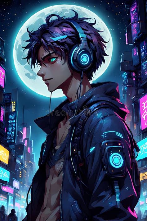 One Anime Boy Wearing Jacket and Headphones, in Cyberpunk Style ...