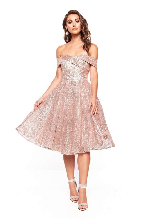 Aandn Nyla Glitter Cocktail Off Shoulder Midi Dress Rose Gold Elegant