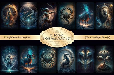 12 Zodiac Signs Wallpaper Set Graphic by xhafergashi · Creative Fabrica