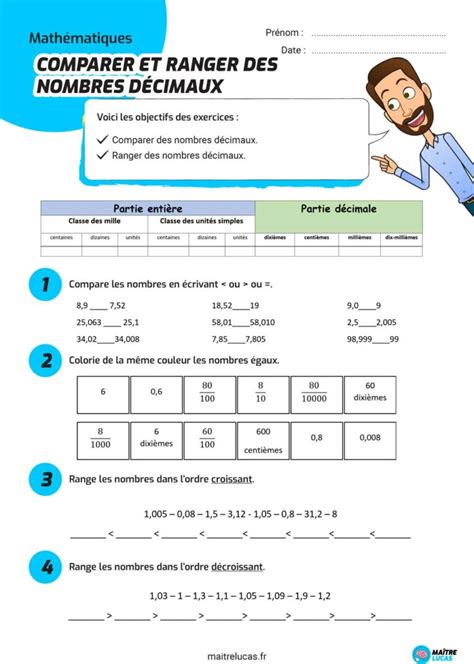 Exercices Comparer les nombres décimaux CM2 Maître Lucas