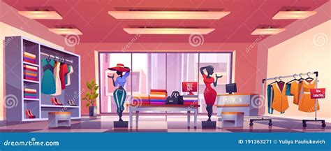 Interior De Tienda De Moda Con Mostrador Y Maniquíes Ilustración Del Vector Ilustración De