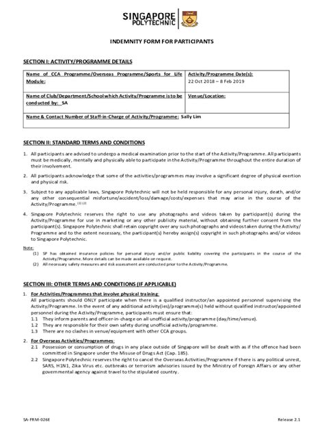 Fillable Online Life Sp Edu INDEMNITY FORM FOR PARTICIPANTS Fax Email