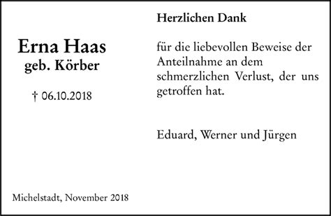 Traueranzeigen Von Erna Haas Vrm Trauer De