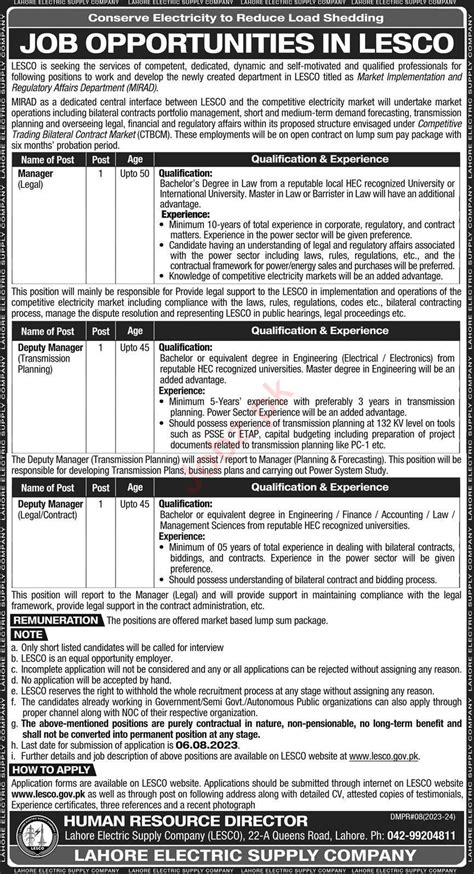 Lahore Electric Supply Company LESCO Jobs 2023 2024 Job Advertisement