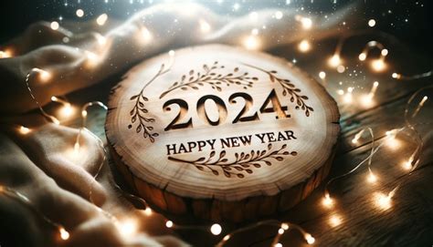 Feliz año nuevo 2024 celebración grabada en una mesa de madera rústica