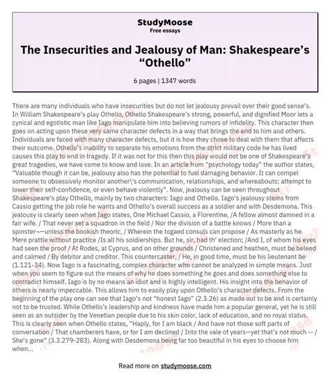 The Insecurities And Jealousy Of Man Shakespeare’s “othello” Free Essay Example