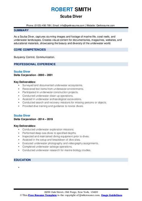 Scuba Diver Resume Samples Qwikresume