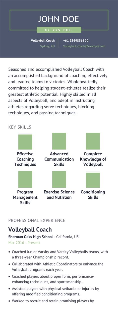 Volleyball Coach Resume Example With Content Sample | CraftmyCV