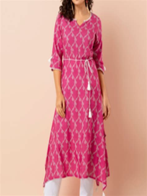 Buy Indya Ethnic Motif Printed Notched Neck High Low Hemline Kurta