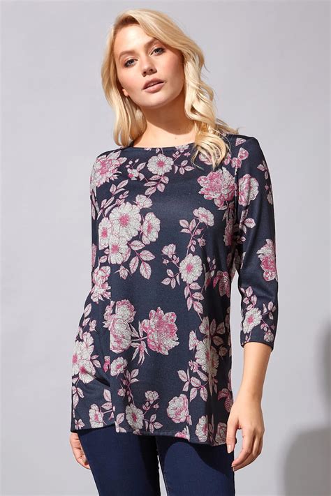 Square Neck Floral Print Tunic Top In Navy Roman Originals Uk