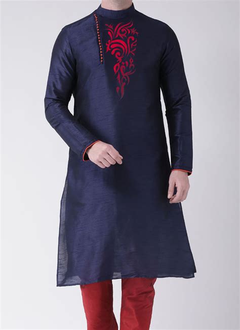 Buy Navy Blue Art Dupion Silk Aari Embroidery Kurta Pyjama Party Wear