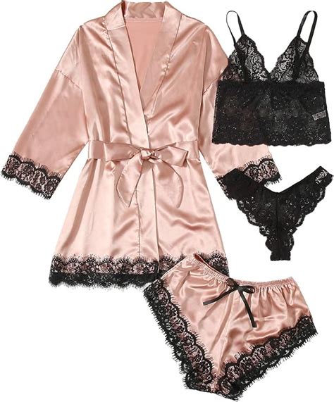 Wdirara Women S Pieces Satin Floral Lace Cami Top Lingerie Pajama Set With Robe At Amazon