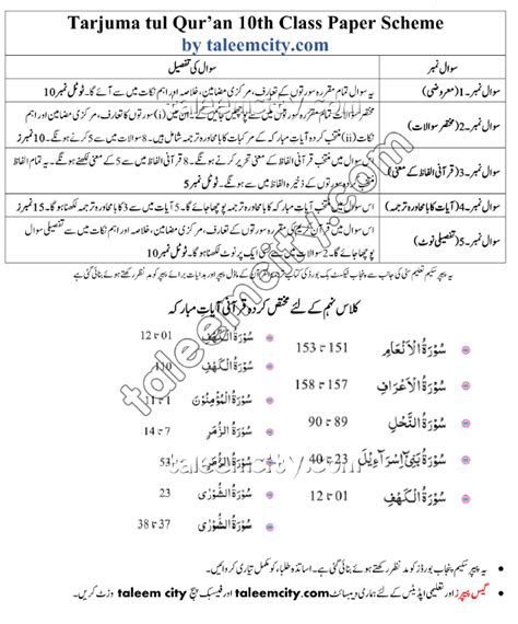 Th Class Tarjuma Tul Quran Pairing Scheme Taleem City